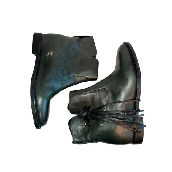 Girotti Hidden Wedge Ankle Bootie Loden Green Black Fringe Tassel 40 EU / 9.5 US - Picture 5 of 11